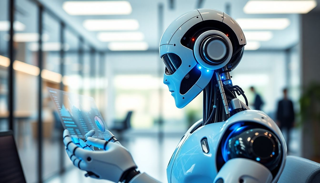 Robot analyzing data for revenue forecasting in an office.