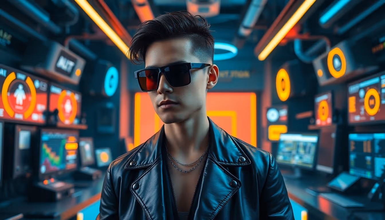 Cyberpunk affiliate marketer in futuristic office predicting conversions.