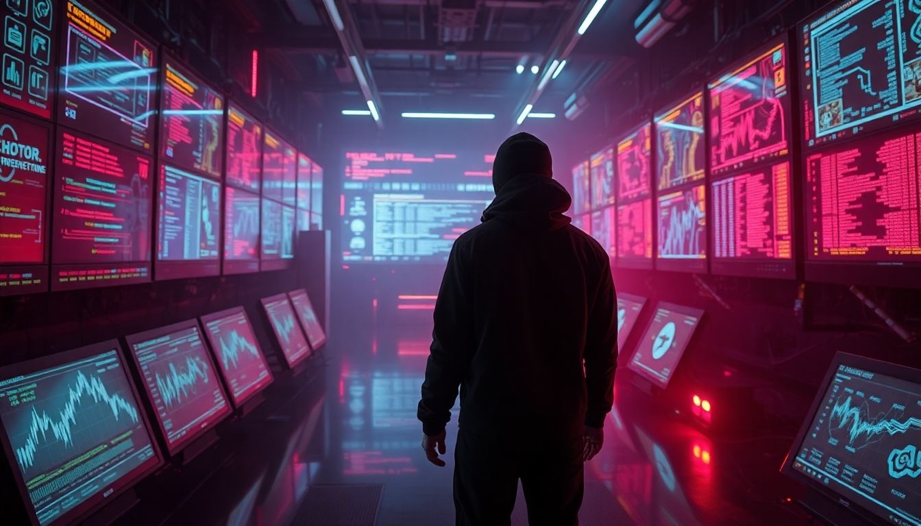 Cyberpunk marketer analyzing data on futuristic screens.