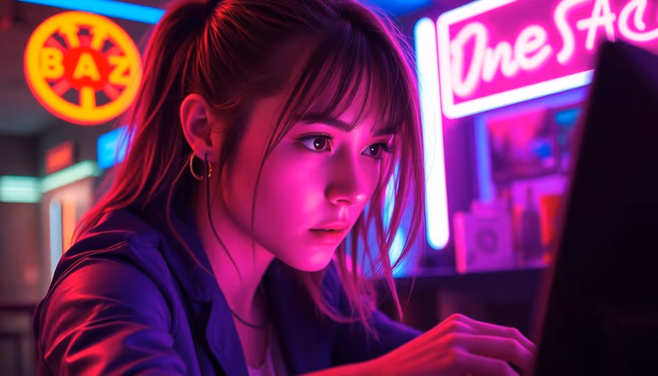 Cyberpunk woman working on a futuristic computer in a neon-lit cafe.