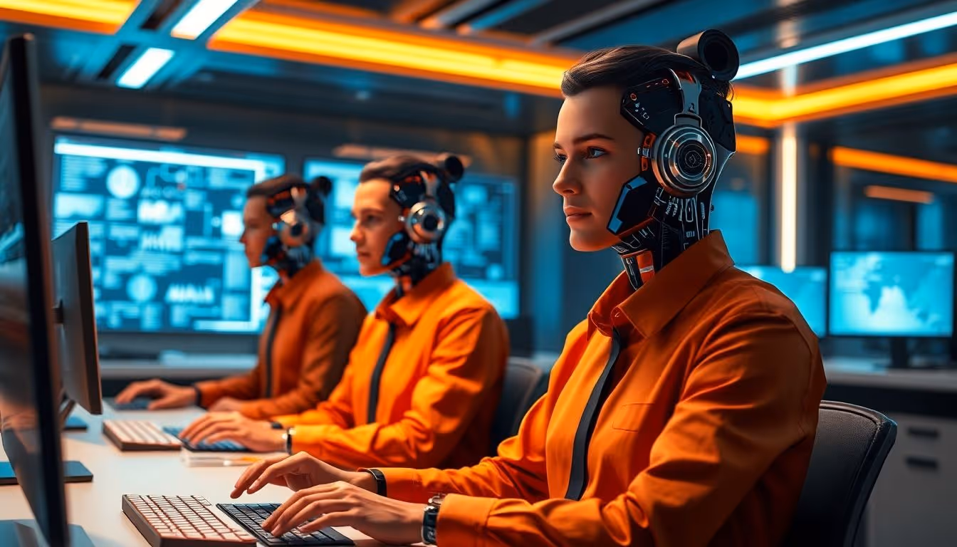 AI digital clones working in a futuristic, neon-lit office.