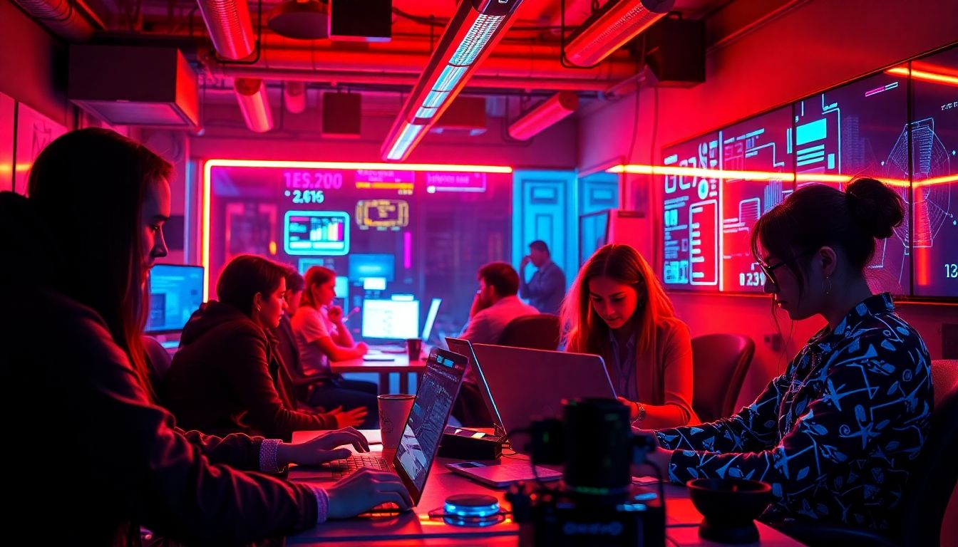 Cyberpunk office with team members working on futuristic computers.