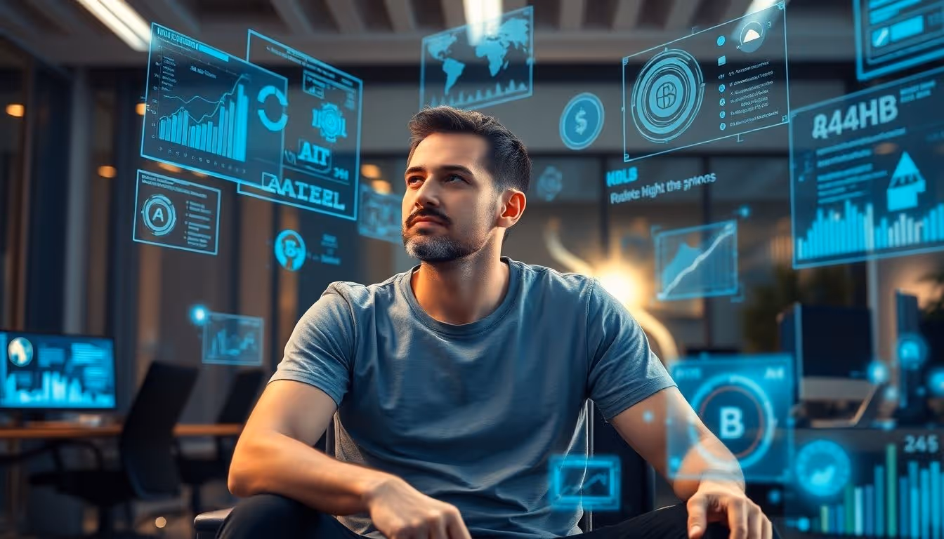 Entrepreneur in a tech office making multiple decisions.