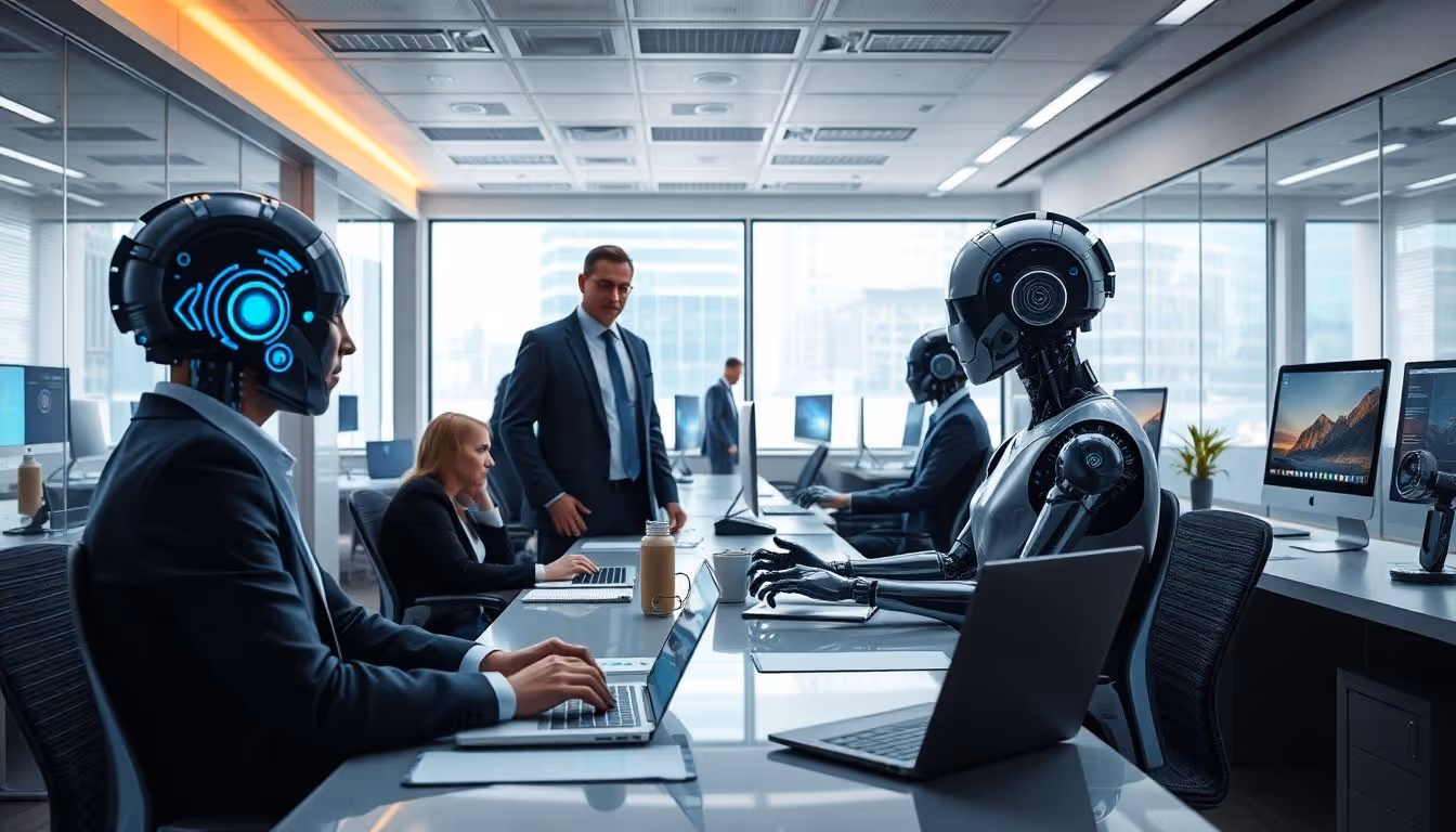 Diverse team members collaborating with advanced AI interfaces in a modern office.