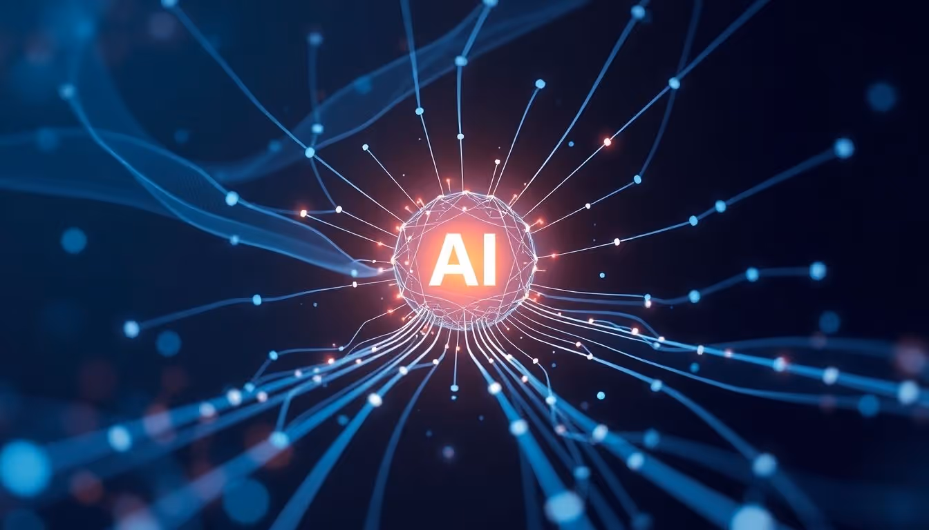 Abstract visualization of data streams flowing into a central AI core.