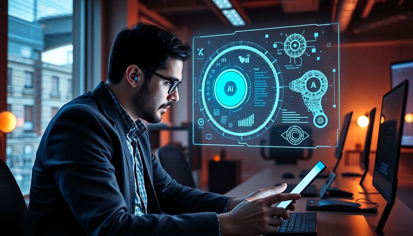 AI assisting a tech founder with competitor analysis in a futuristic office.