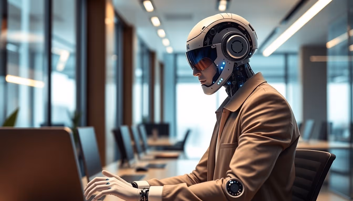 AI hybrid assisting entrepreneur with SEO and GEO marketing tasks.