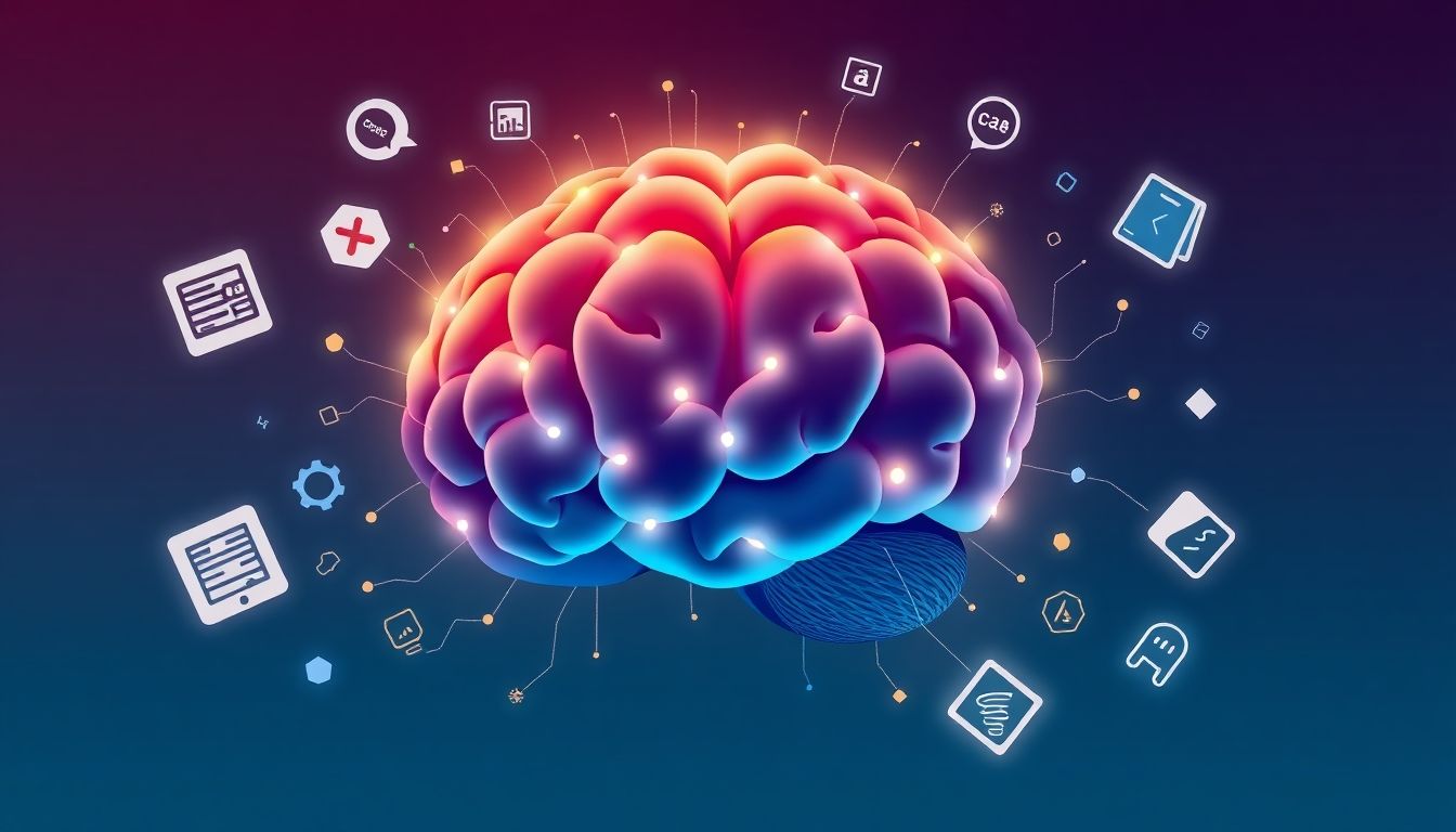 Abstract AI brain processing digital product creation elements.
