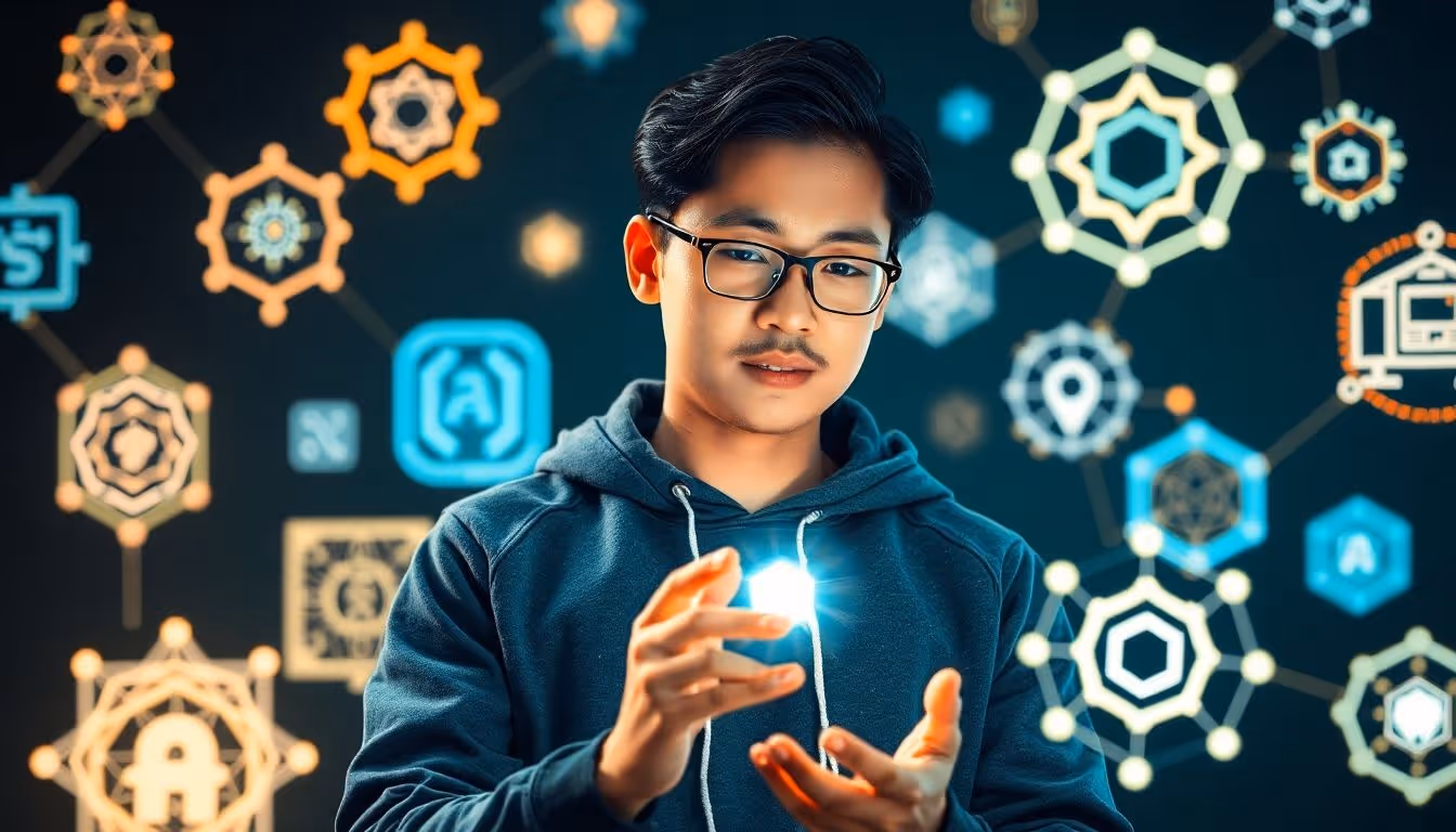 Young Asian tech founder choosing AI tools for business.