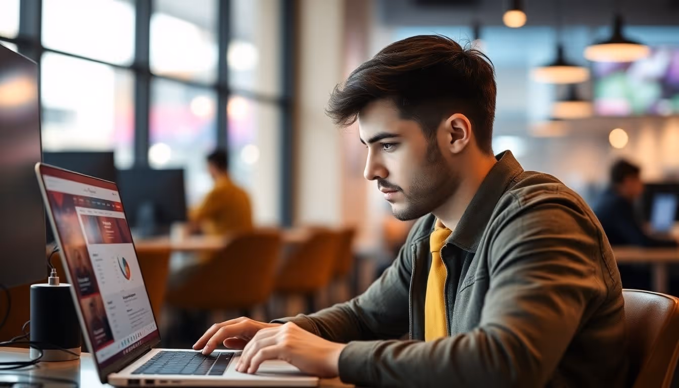 Young man working on ClickFunnels in a cyber cafe.