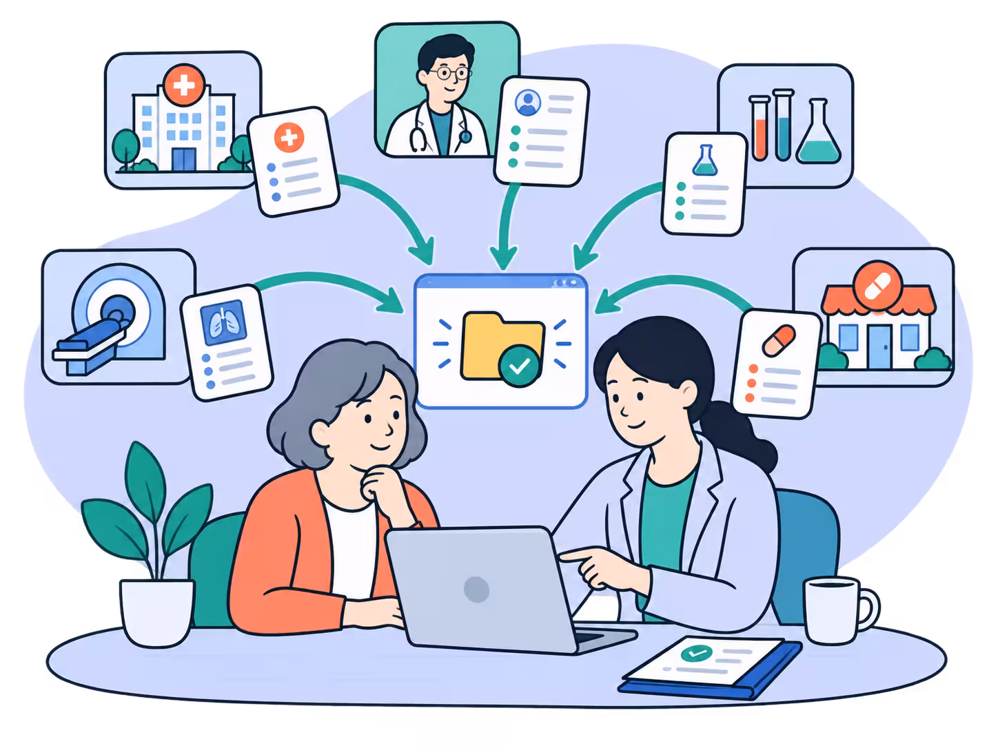 Drawing of two women with a computer and web of animations representing medical records