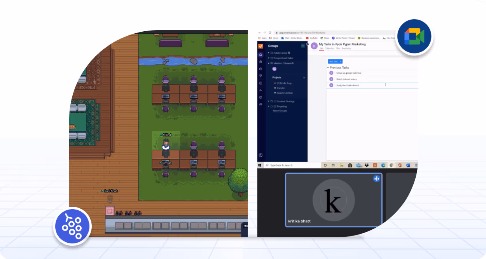 Virtual workspace with task board and video call