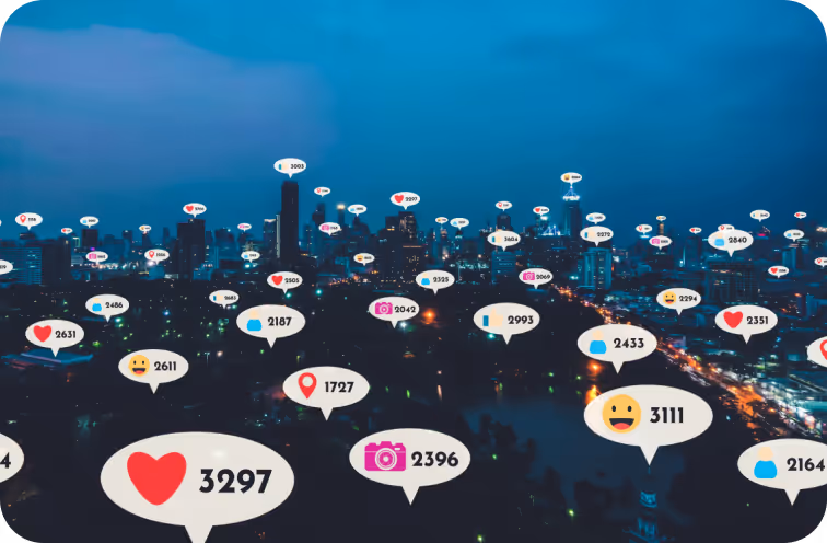 City skyline with social media engagement icons overlayed

