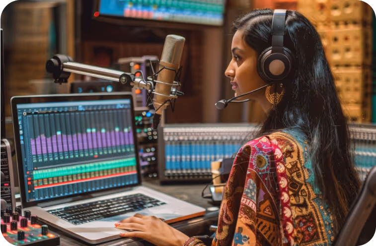 Women with Laptop and Background Voice Cancellation Headphone.
