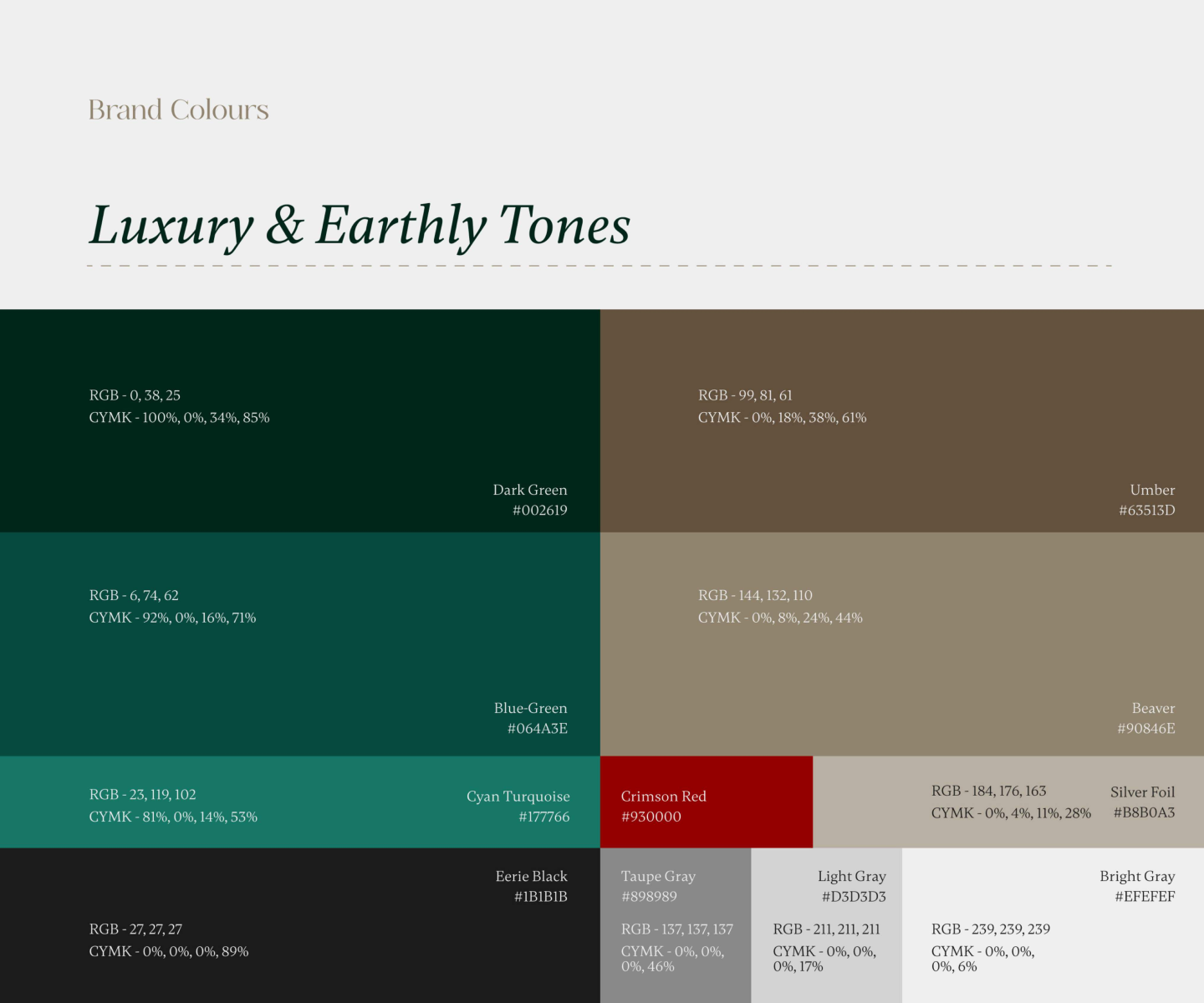 Brand color palette titled Luxury & Earthly Tones showing swatches with names and color codes: Dark Green #002619, Umber #63513D, Blue-Green #064A3E, Beaver #90846E, Cyan Turquoise #177766, Crimson Red #930000, Silver Foil #B8B0A3, Eerie Black #1B1B1B, Taupe Gray #898989, Light Gray #D3D3D3, and Bright Gray #EFEFEF.