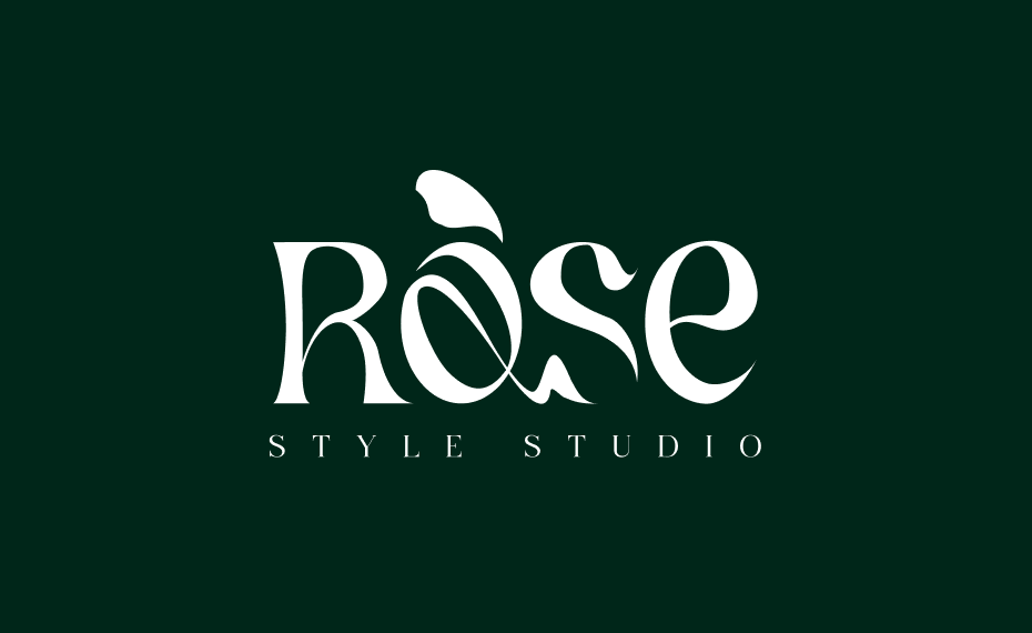 White stylized text logo reading 'Rose Style Studio' on a dark green background, with the letter O designed to resemble a rose flower.