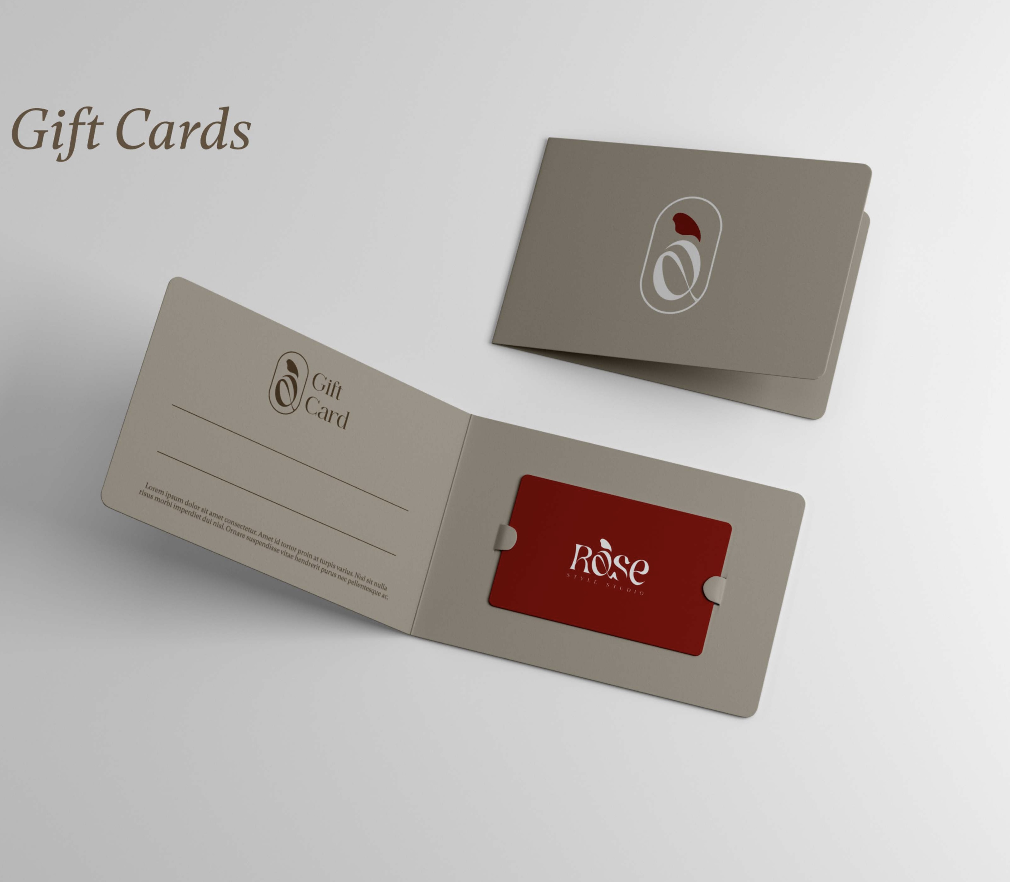 Beige gift card holder with a red Rose Style Studio gift card inside and the text 'Gift Card' on the holder.