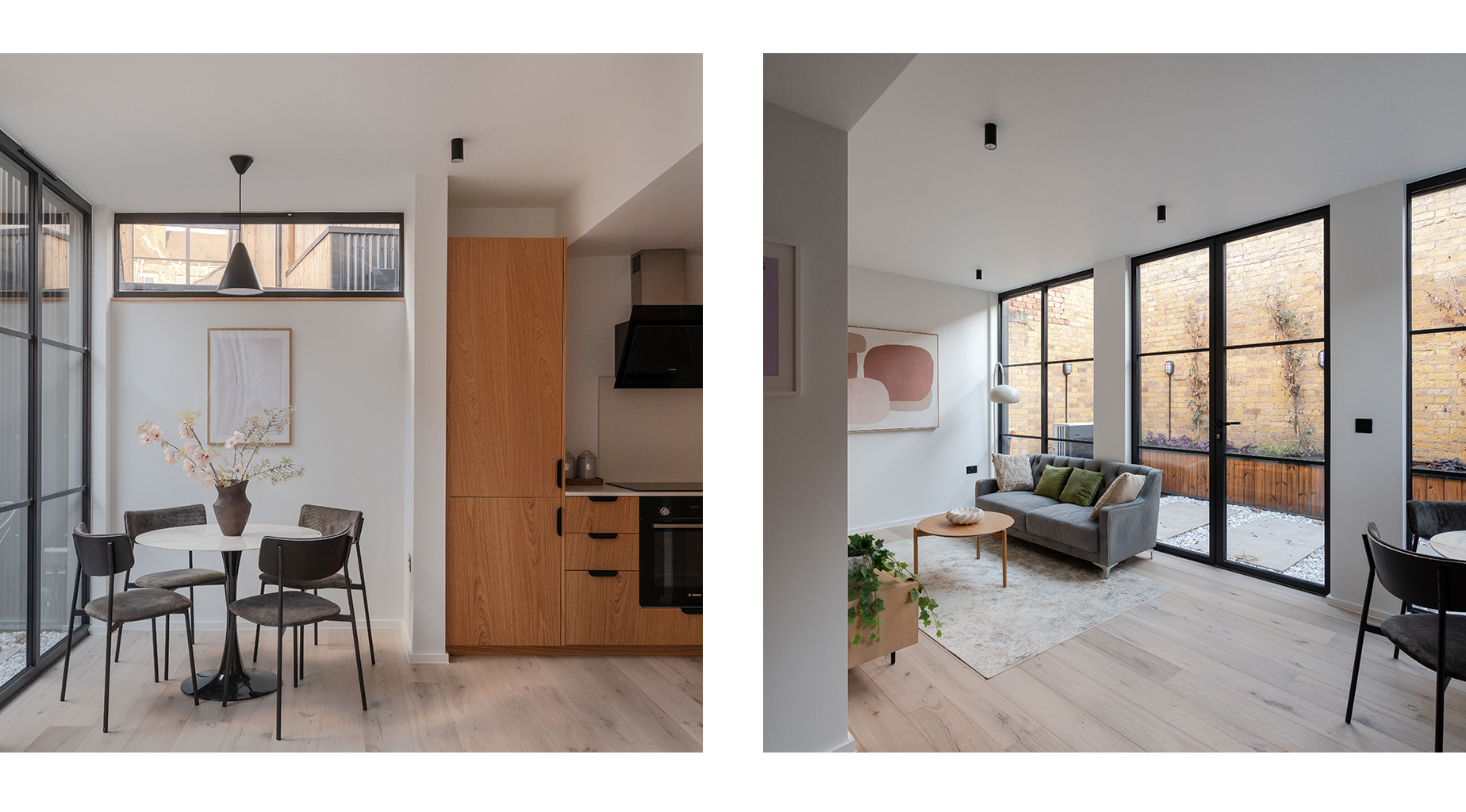 living space with glass wall to courtyard