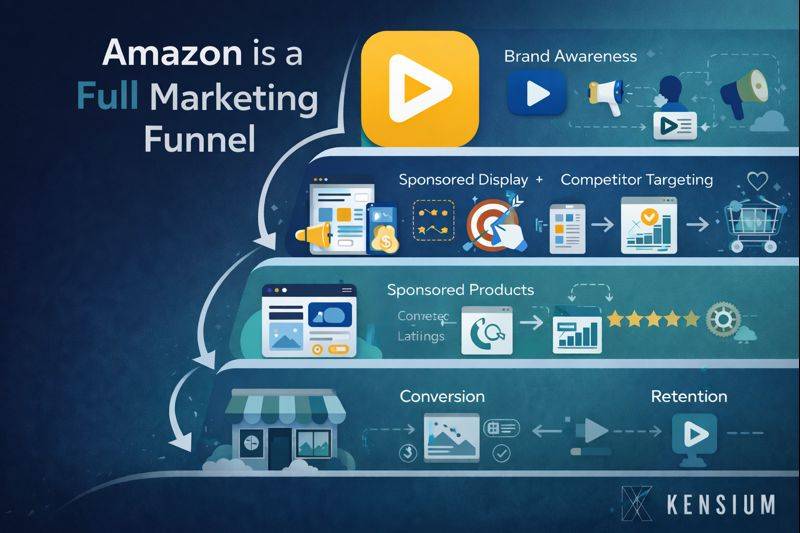 Amazon marketing funnel showing brand awareness, sponsored ads, conversion, and retention 