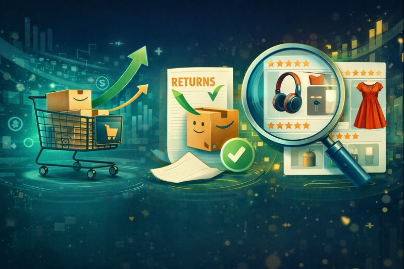 Illustration showing ecommerce performance insights, including product reviews, returns tracking, and improved purchase decisions by Kensium 