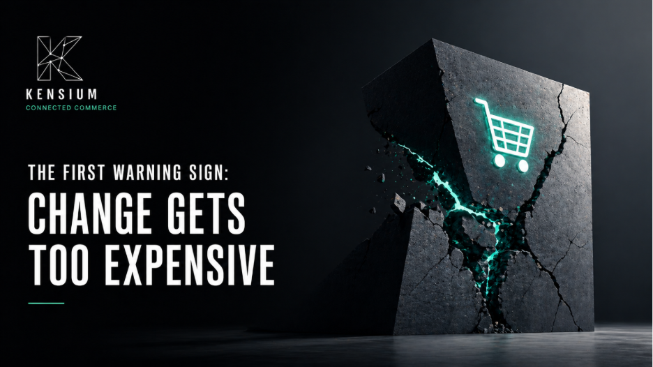 Kensium ecommerce architecture concept showing cracked block with shopping cart icon symbolizing rising cost of change