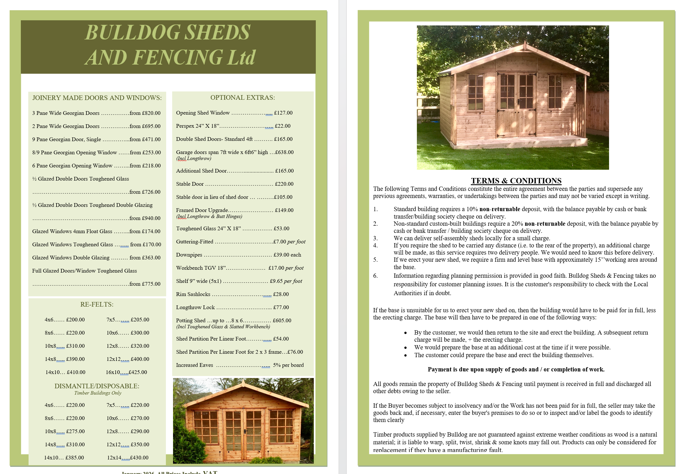 Pricelist for Bulldog Sheds and Fencing Wilshire