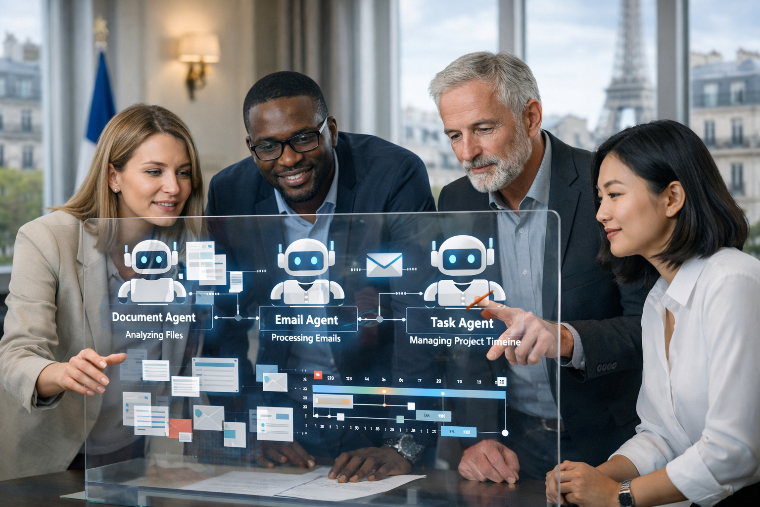 Équipe de professionnels en France collaborant autour d’un écran montrant des agents IA autonomes en action.