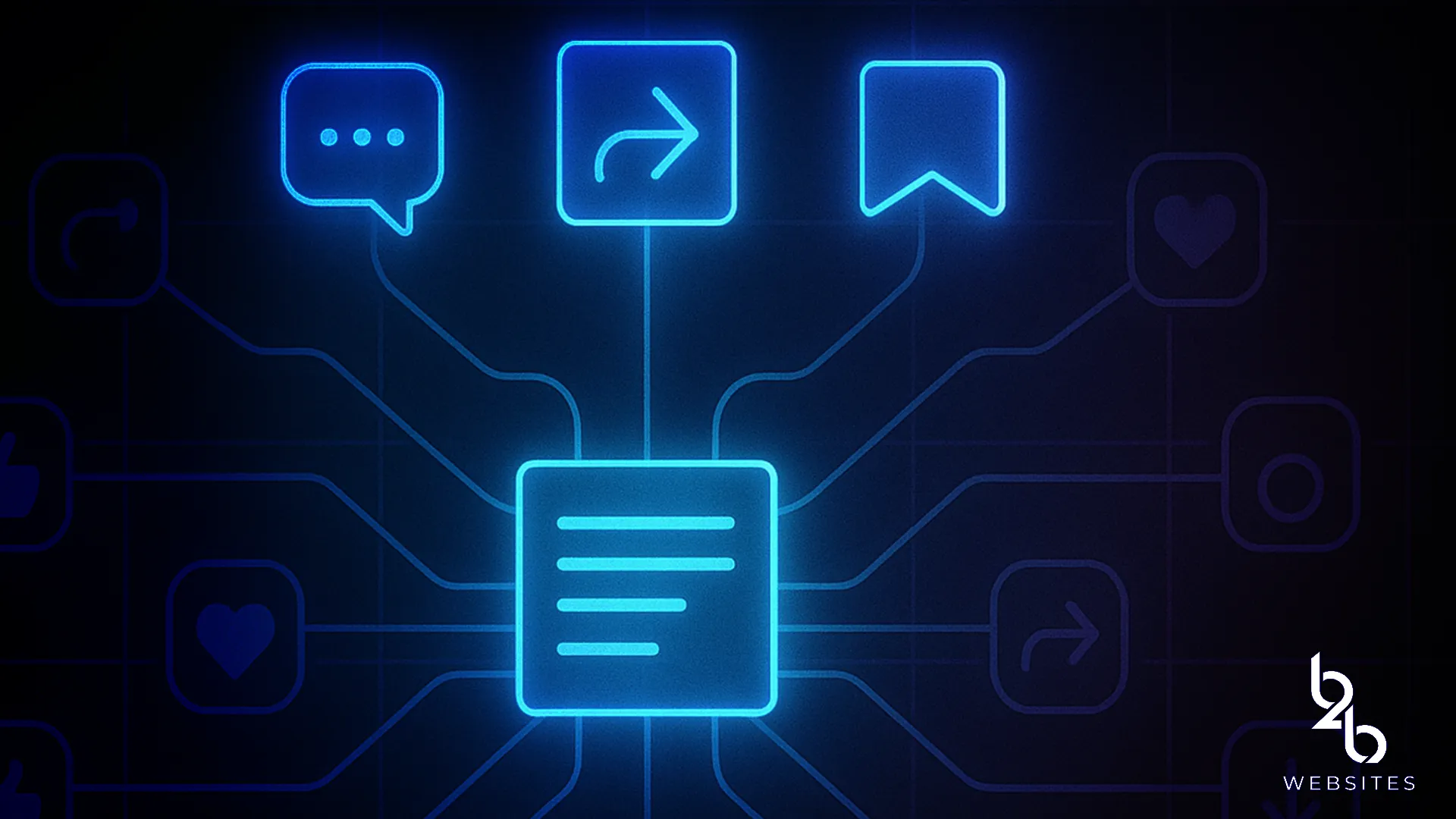 Blue neon interface with central document icon connected to various social media icons on dark grid background.