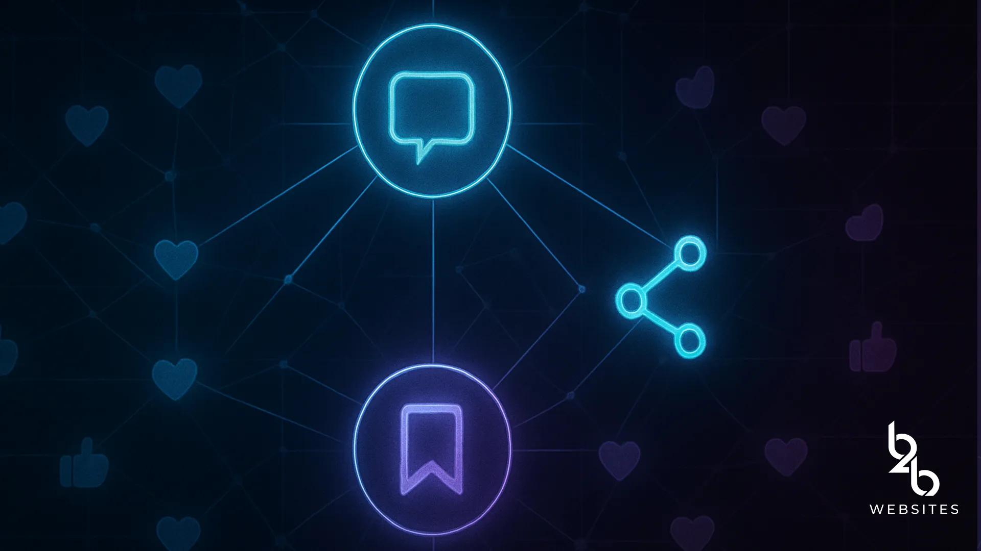 Blue neon chat icon connected to bookmark and share icons over a dark grid with hearts and thumbs up.