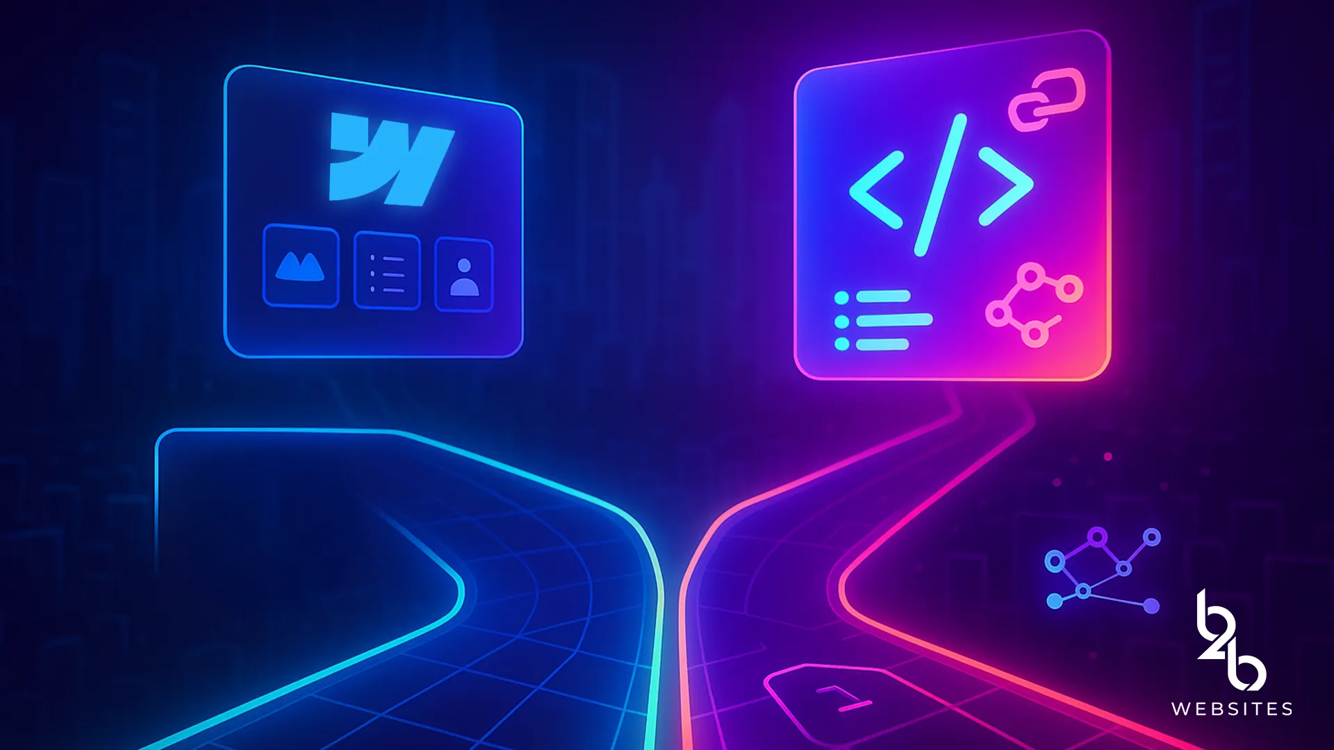Webflow code vs no-code paths comparison with neon icons and digital network design.