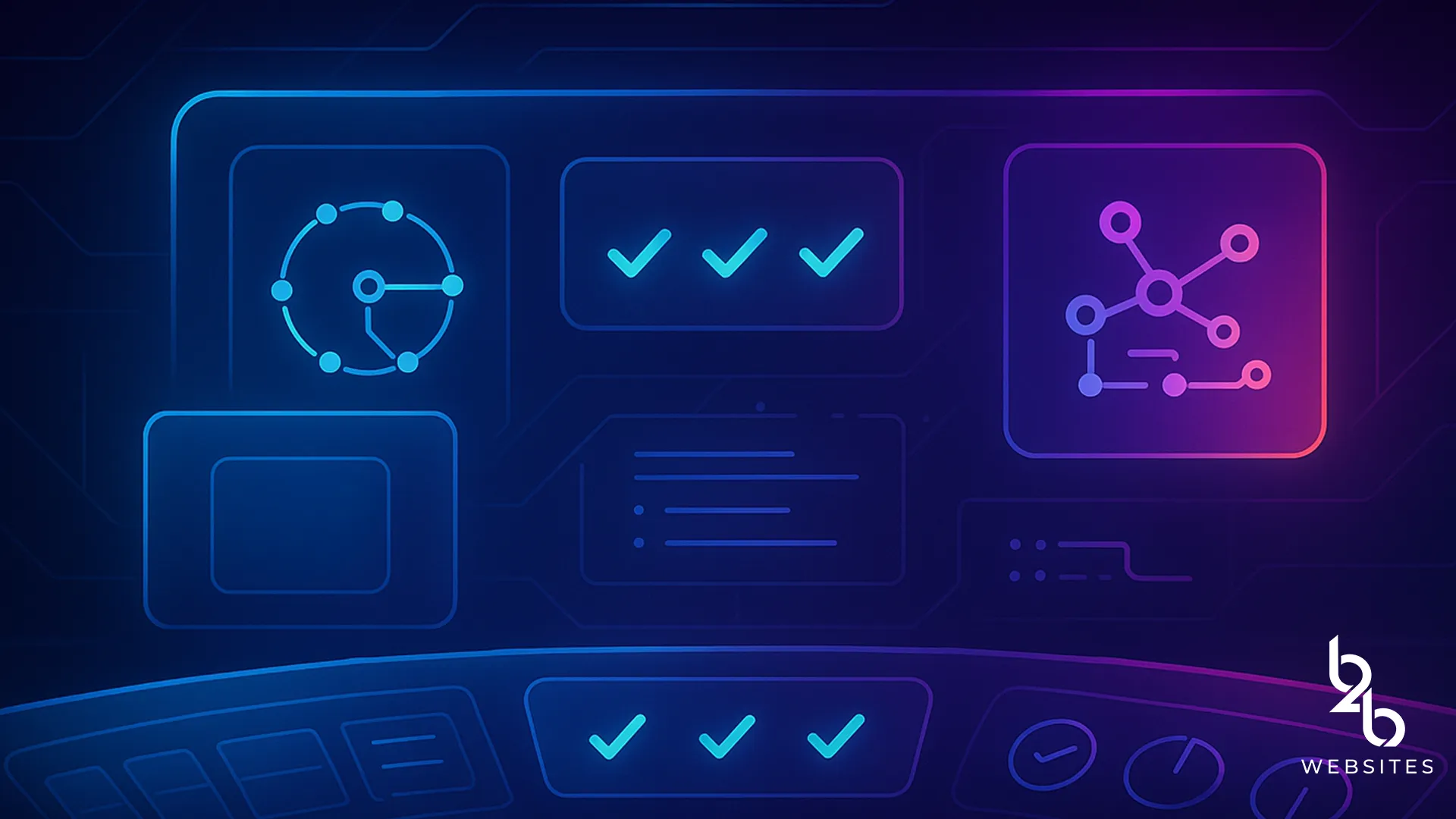 Neon style digital dashboard with check marks and network icons.