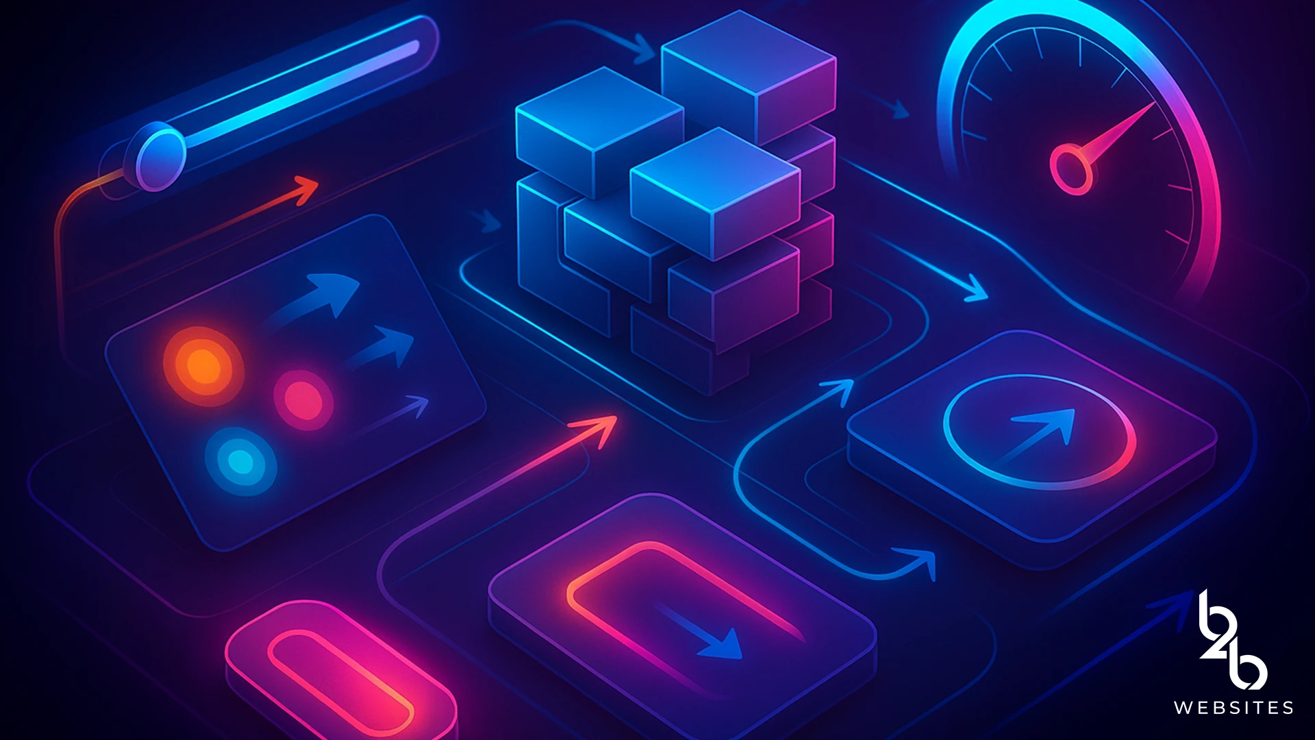 Neon 3D blocks, arrows, and speedometer icon representing website speed optimization and data flow.