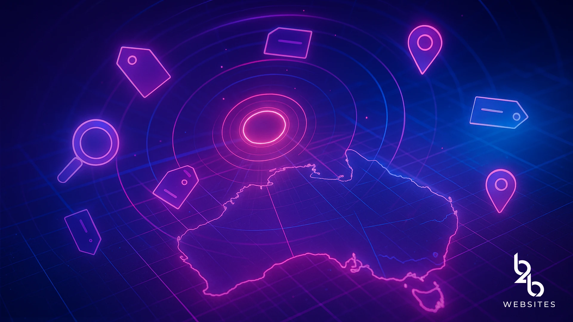 Map of Australia with neon tags, location pins, and search icon representing digital marketing growth.