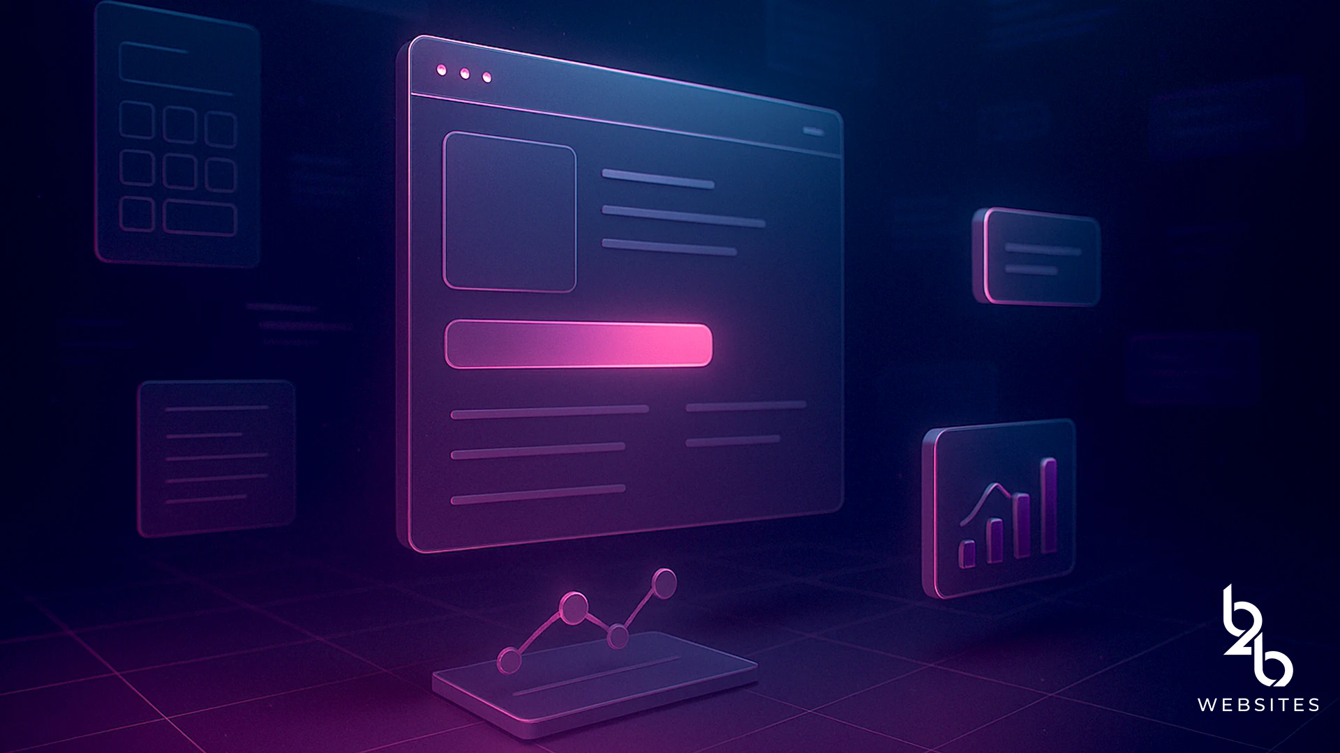 Futuristic website interface with analytics icons and neon UI elements for B2B dashboard design.