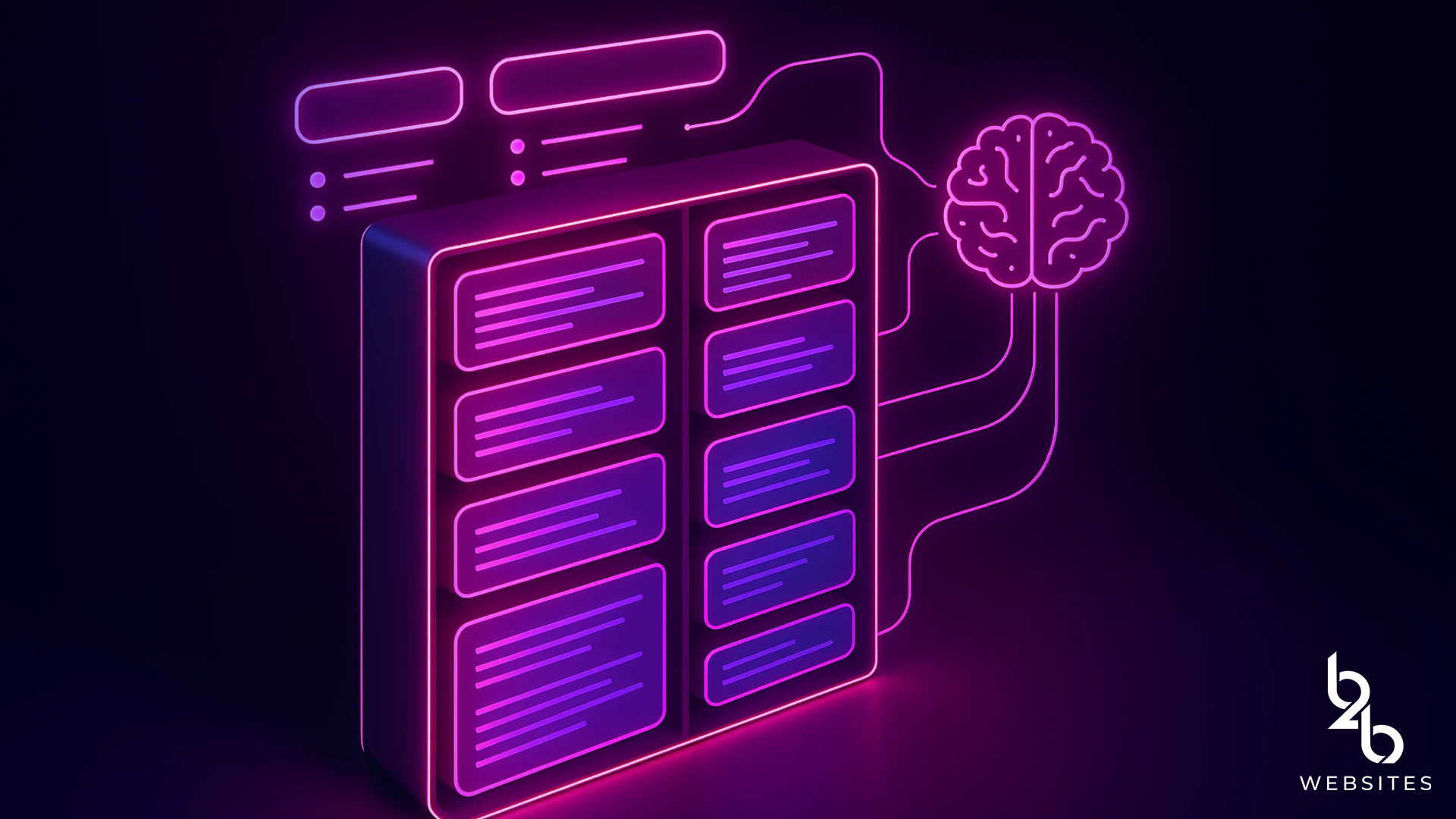 Neon database connected to AI brain icon representing artificial intelligence and data integration for B2B websites.