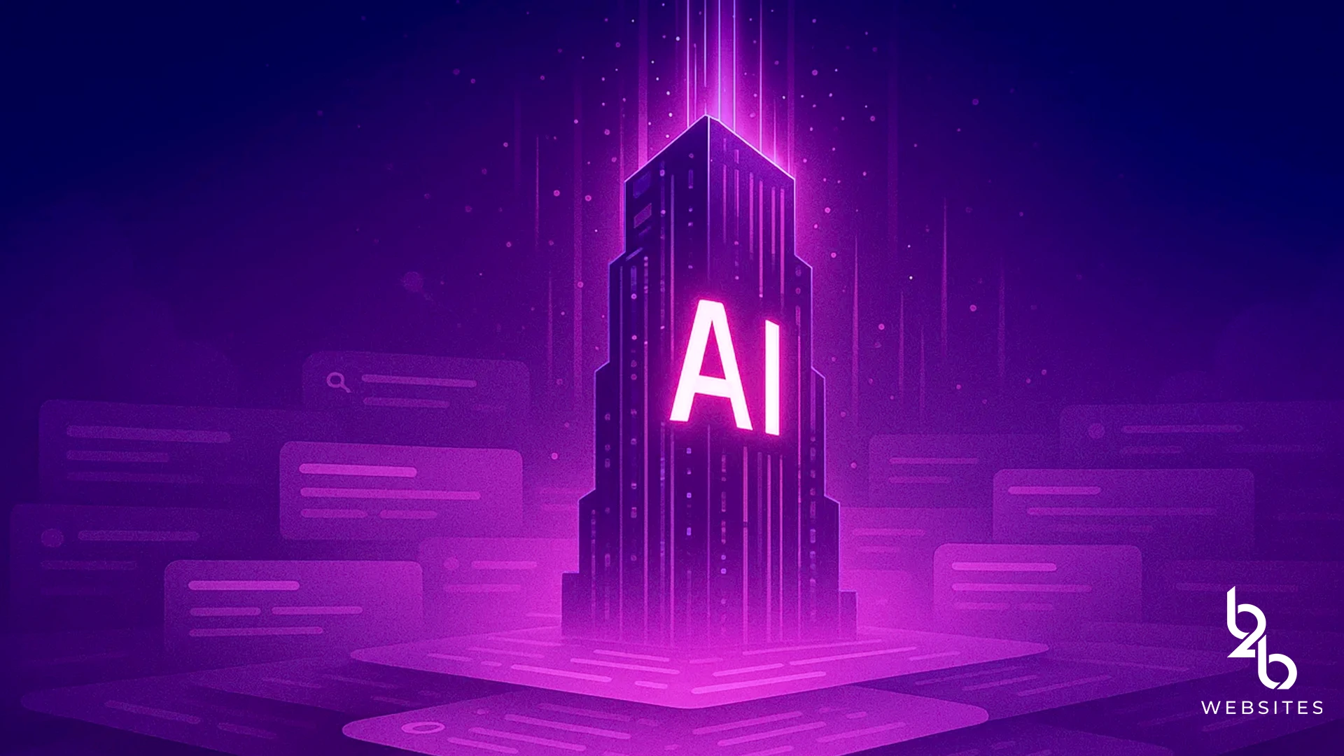 Glowing AI tower surrounded by digital data cards symbolizing innovation and artificial intelligence for B2B websites.