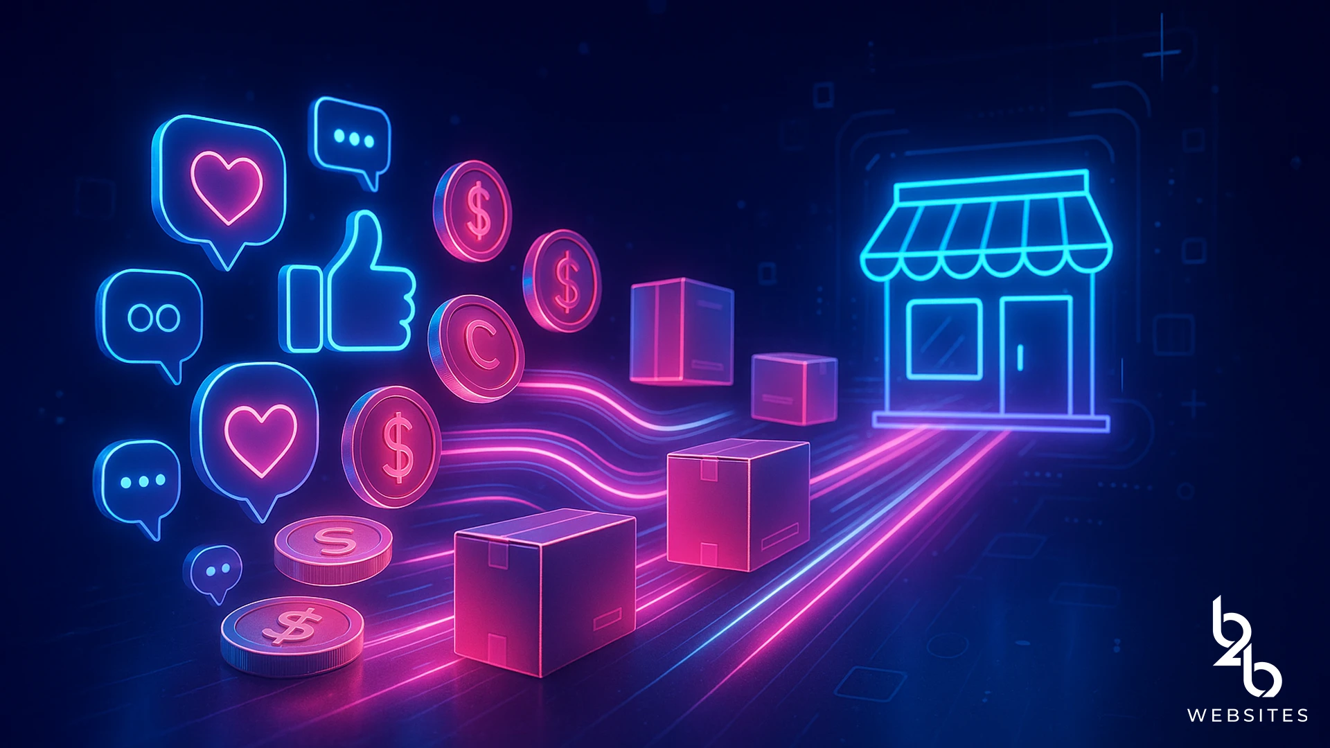 Neon social icons, coins, and delivery boxes flowing into an online store, representing social commerce.