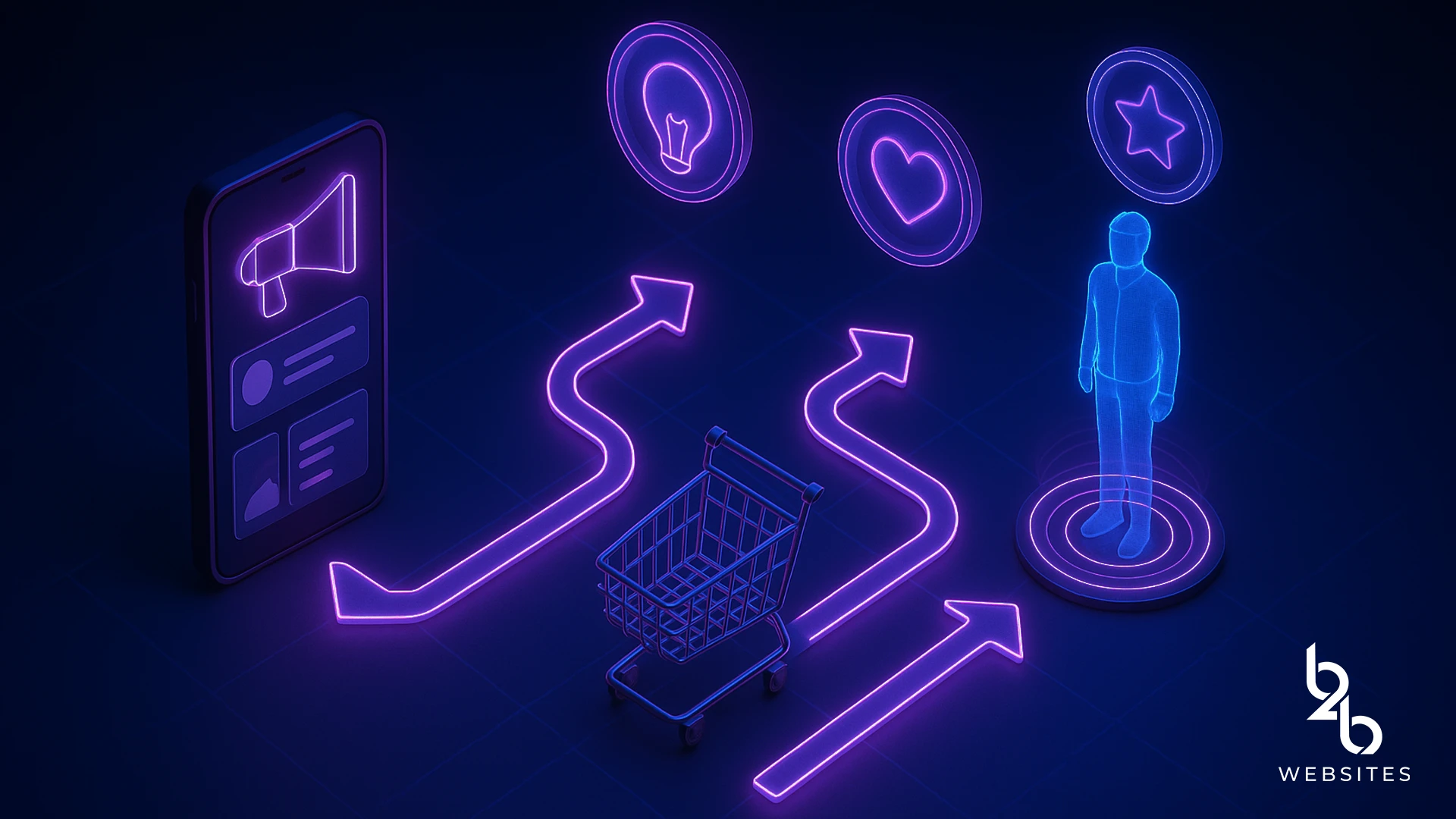 Neon icons of marketing, shopping cart, and arrows guiding a user figure, representing customer journey targeting.
