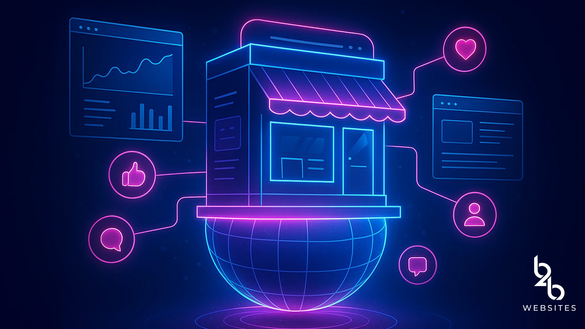 Neon storefront floating above a digital globe, connected to engagement icons and analytics for global B2B website presence.