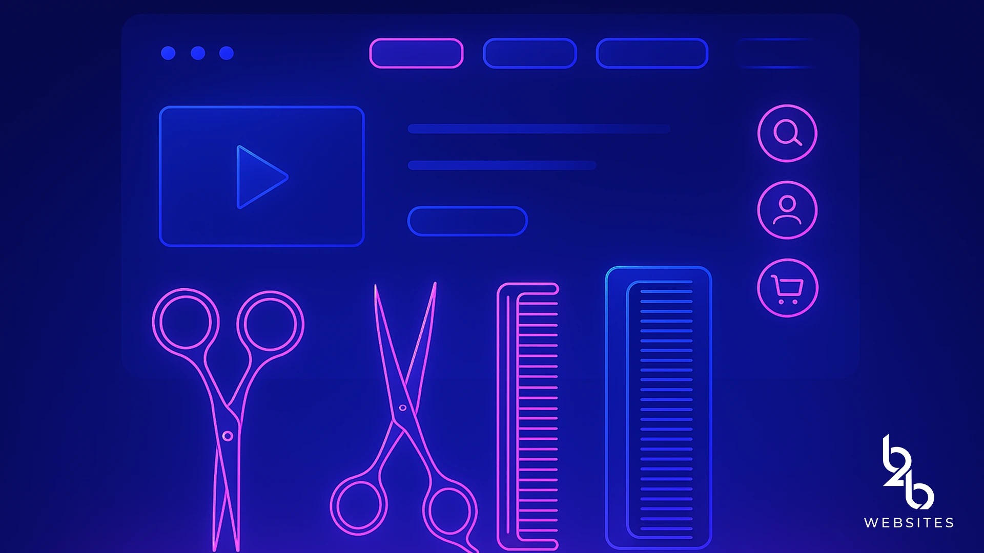 Neon scissors, combs, and digital interface elements symbolizing barbershop tools and UI design for B2B websites.