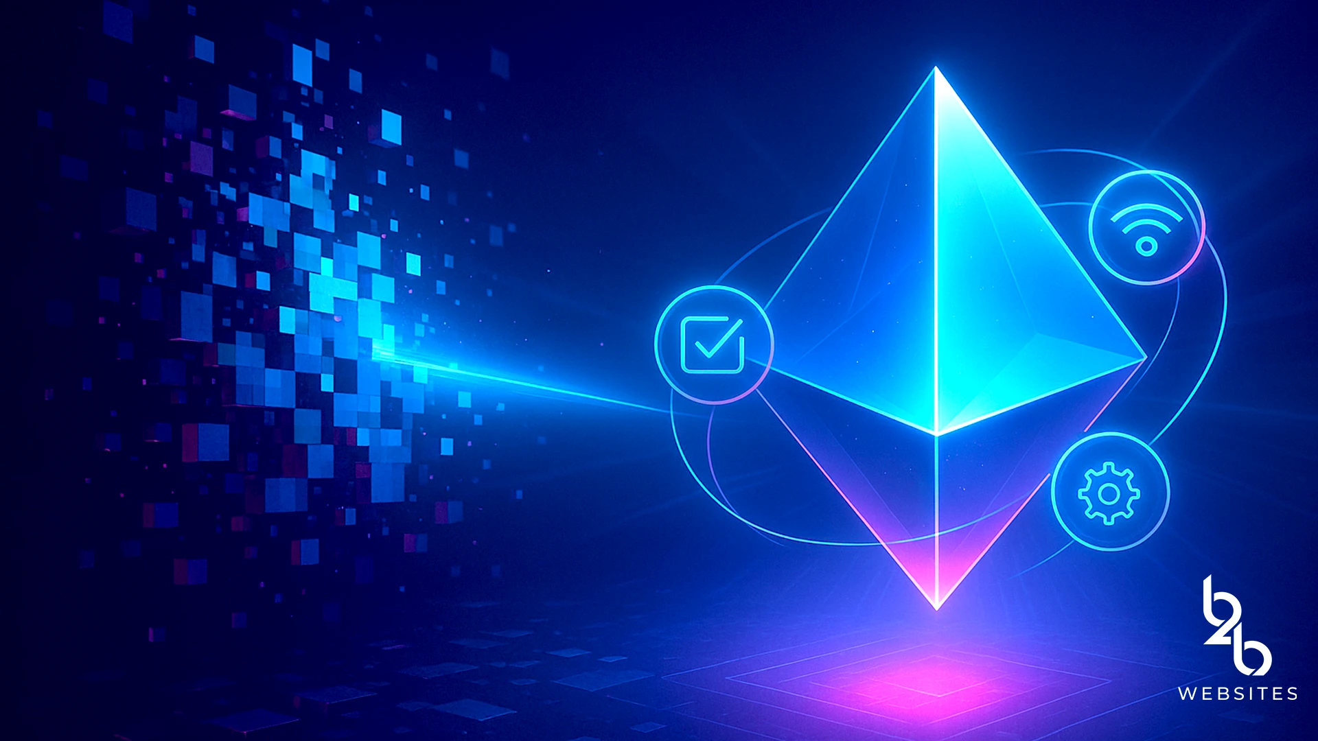 Neon blockchain pyramid with floating icons for connectivity, configuration, and verification for B2B tech integration