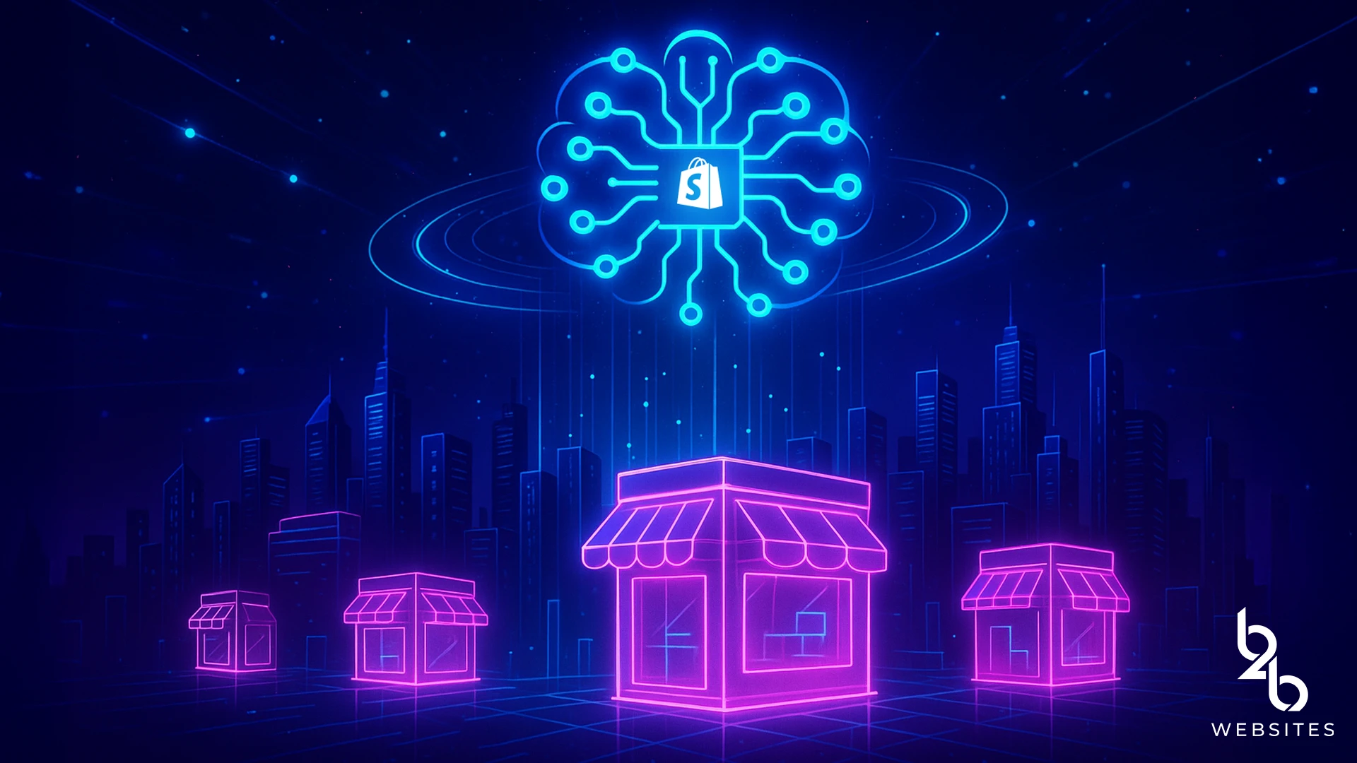 Central Shopify network icon connecting multiple storefronts across a digital city.