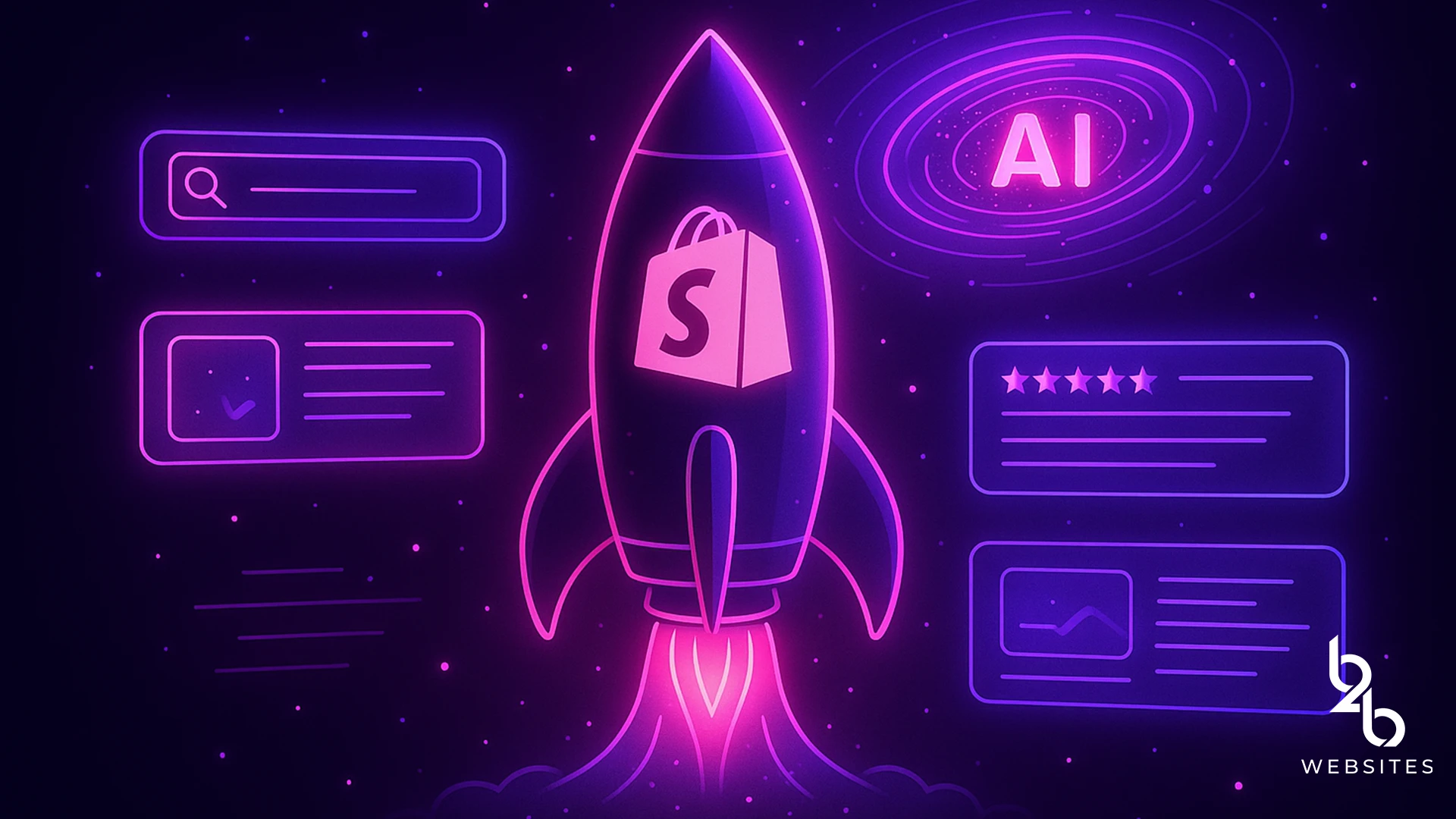 Shopify rocket launching toward AI galaxy, surrounded by digital content blocks.