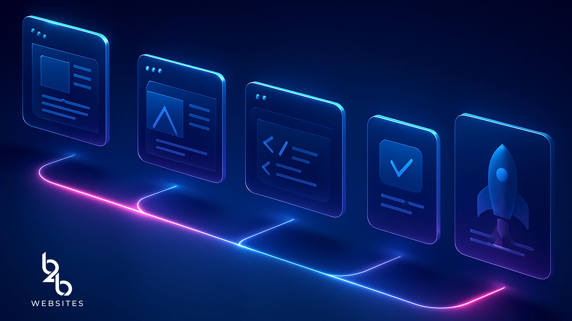 Five glowing UI panels showing web pages, code, checklist, and rocket icon connected by neon lines on dark background.