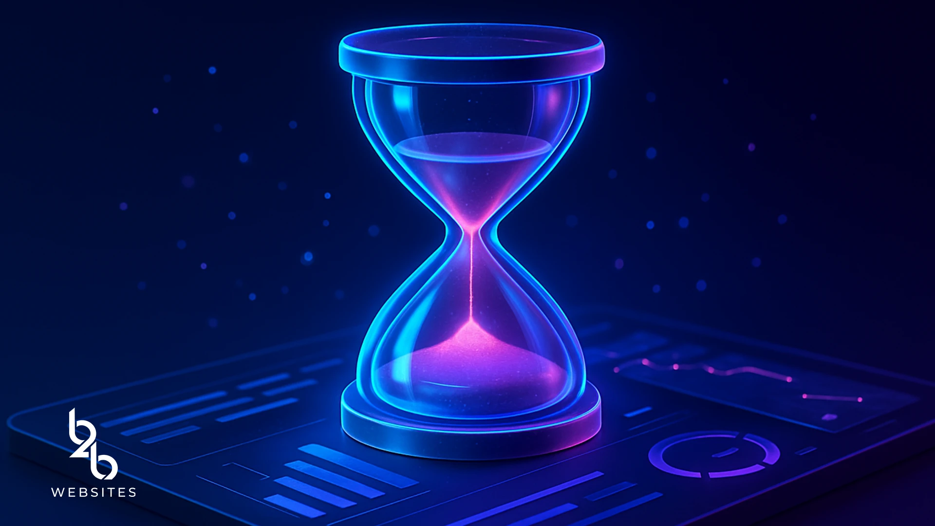 Glowing neon hourglass with pink sand on digital dashboard interface in dark background.