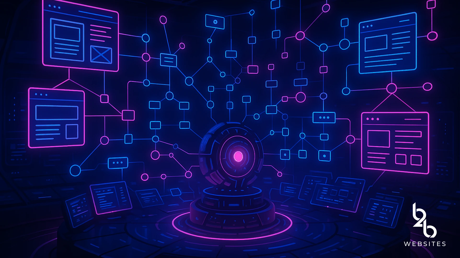 Digital network diagram with neon web pages connected to central server hub on dark background.