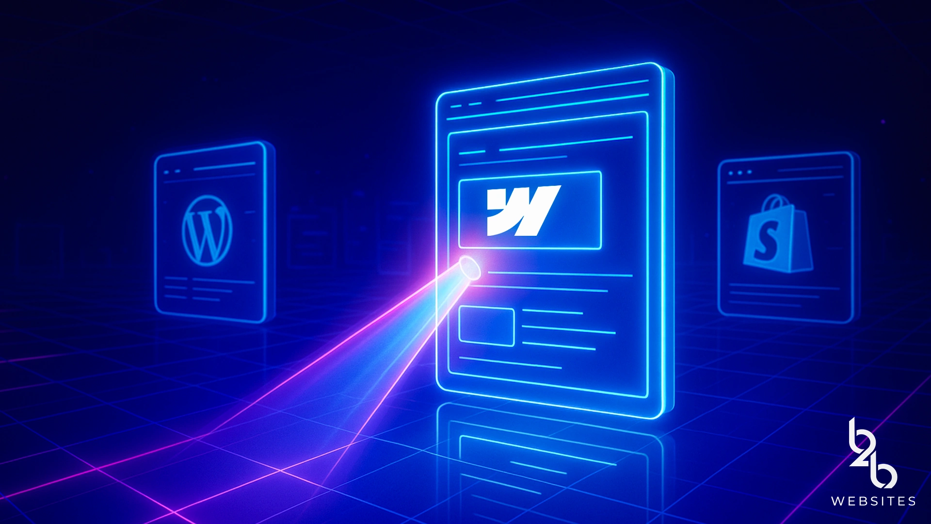 CMS comparison interface highlighting Webflow, with WordPress and Shopify in the background.