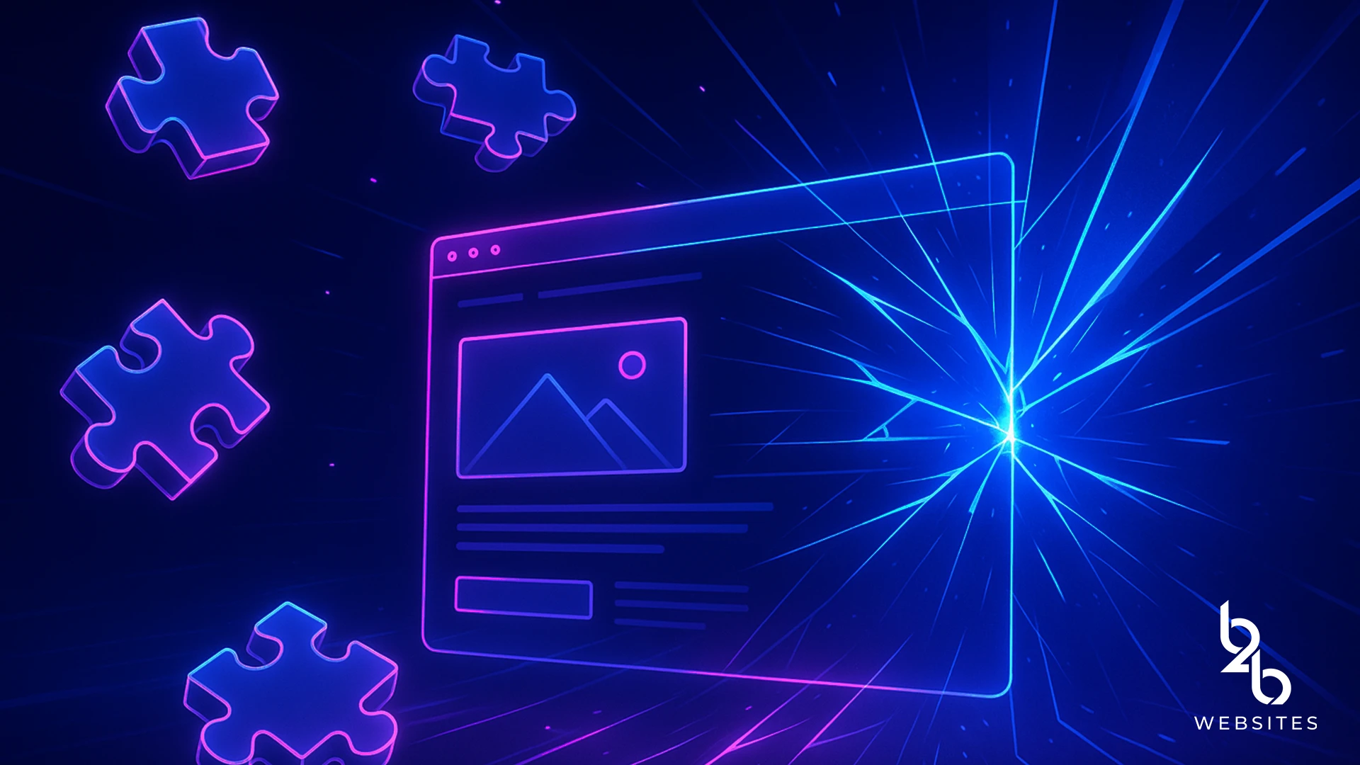 Website interface surrounded by puzzle pieces representing integration.