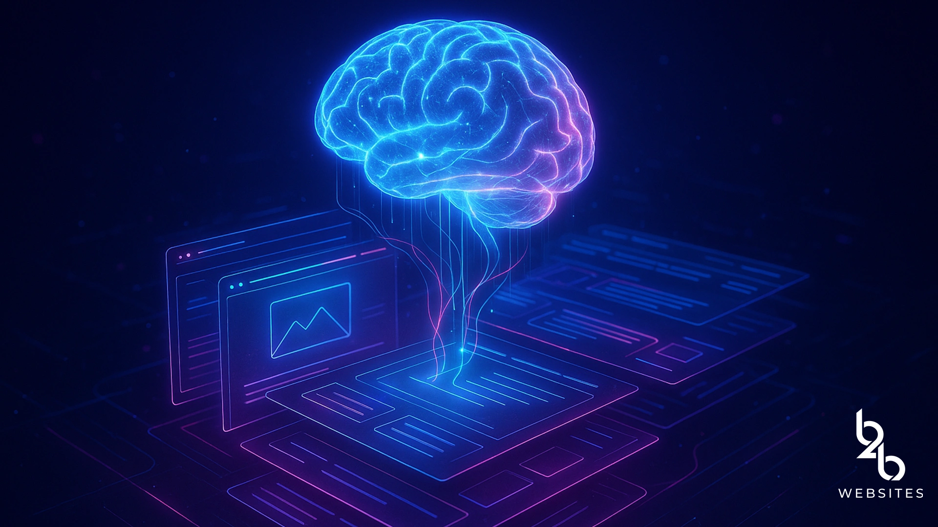 Neon brain above glowing website interface in blue and purple colors.