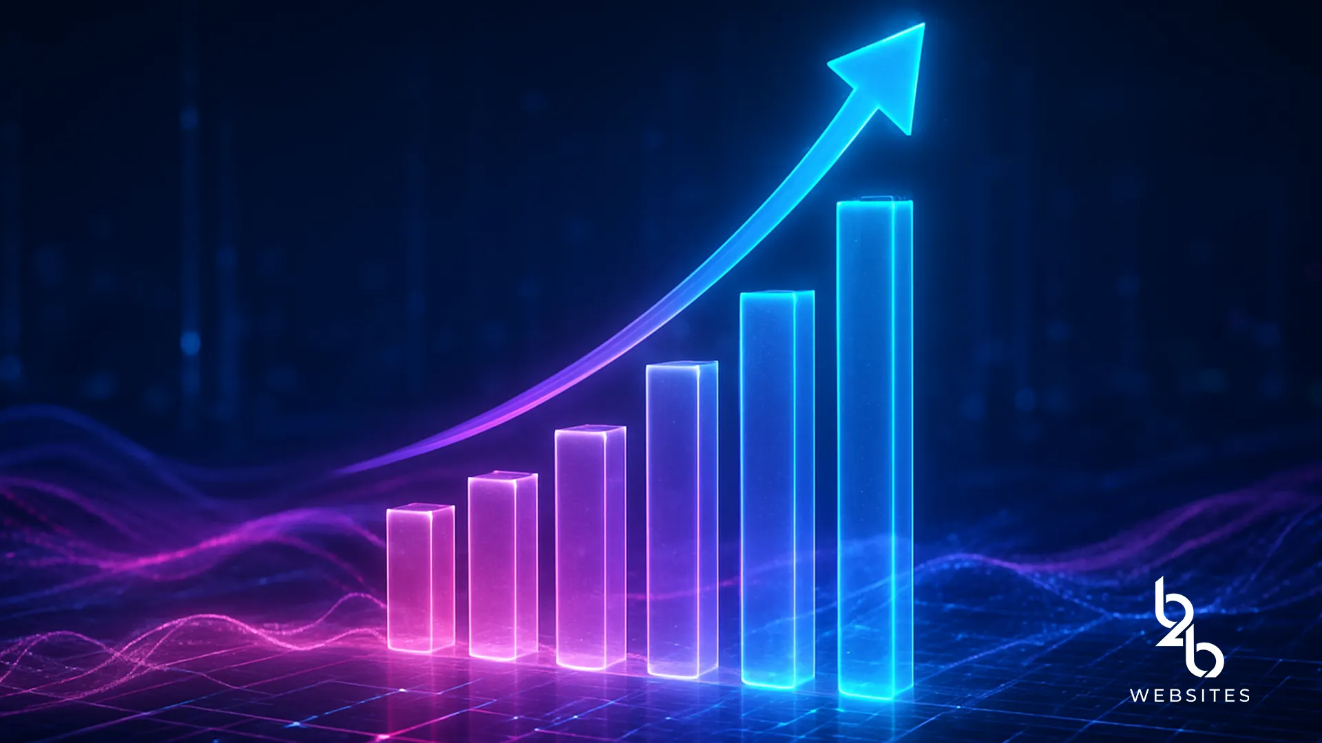 Neon bar chart with rising arrow indicating performance growth.